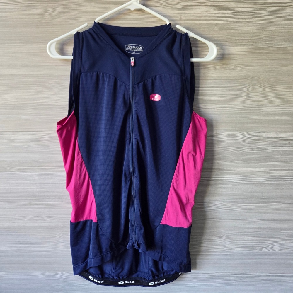 Sugoi Evolution Jersey Women L Navy Pink Polyester Sleeveless Cycling Sport Top